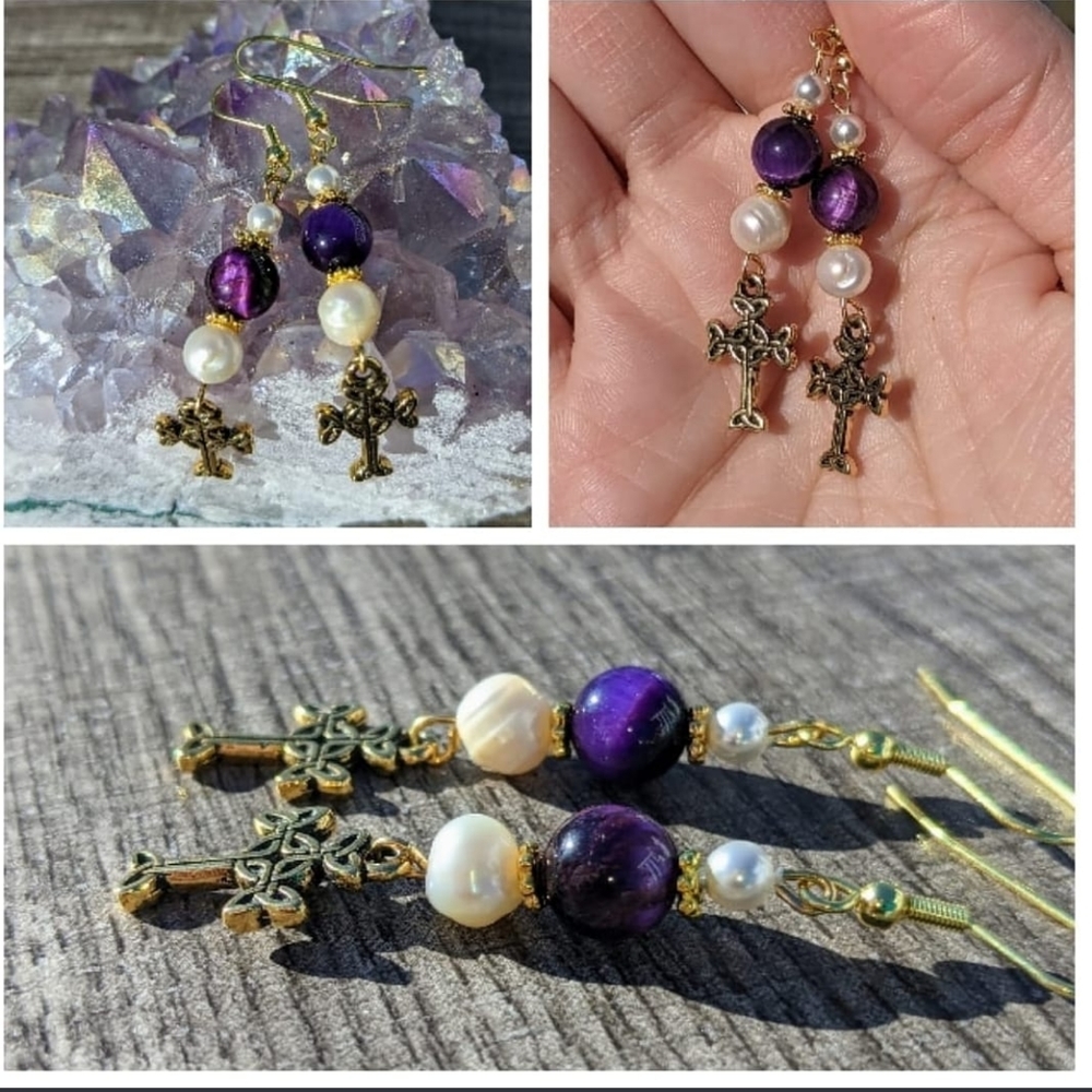 Purple Tiger Eye & Freshwater Pearl Easter Earring